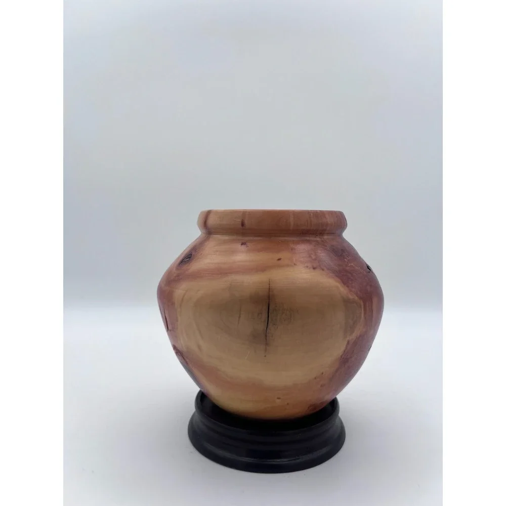Hand Turned Cedar Wood Vase Artisan Signed Natural Live Edge Decorative Pot Burl